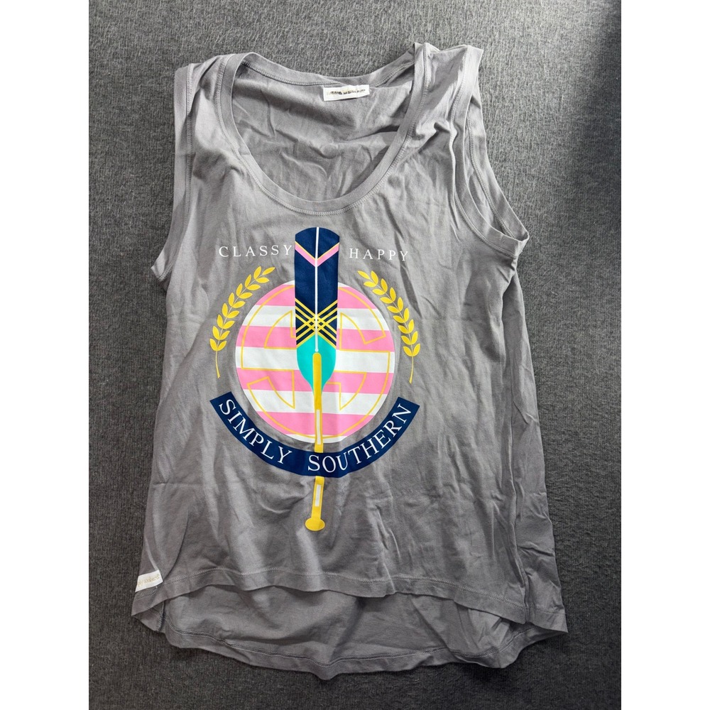 Simply Southern Gray Classy Happy Graphic Tank Top Size M Paddle Logo Sleeveless
